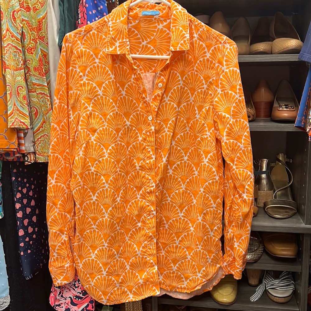 J MCLAUGHLIN ORANGE WHITE LINEN BLOUSE